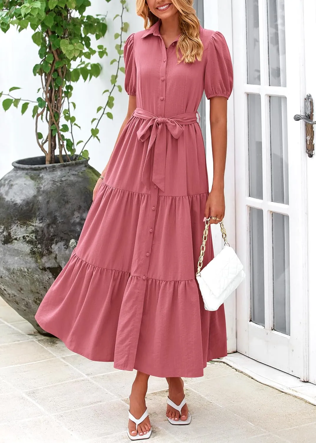 MASCOMODA Womens Summer Dresses 2025 Short Sleeve Maxi Dress Casual V Neck Button Down Tiered A Line Flowy Midi Shirt Dress