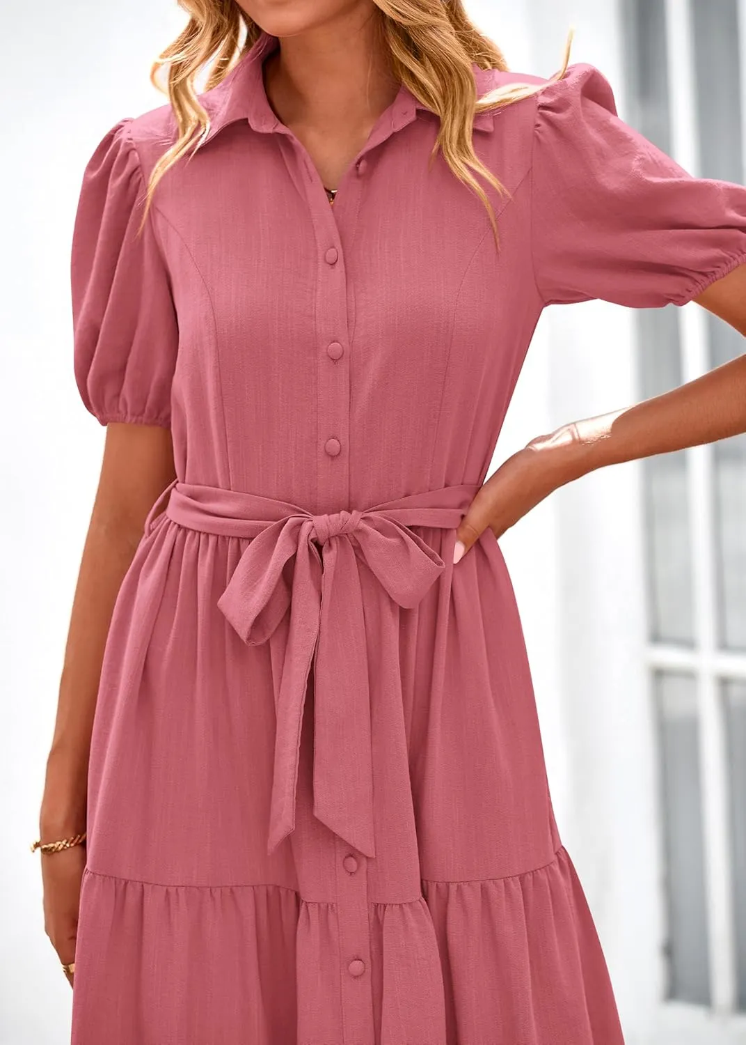 MASCOMODA Womens Summer Dresses 2025 Short Sleeve Maxi Dress Casual V Neck Button Down Tiered A Line Flowy Midi Shirt Dress