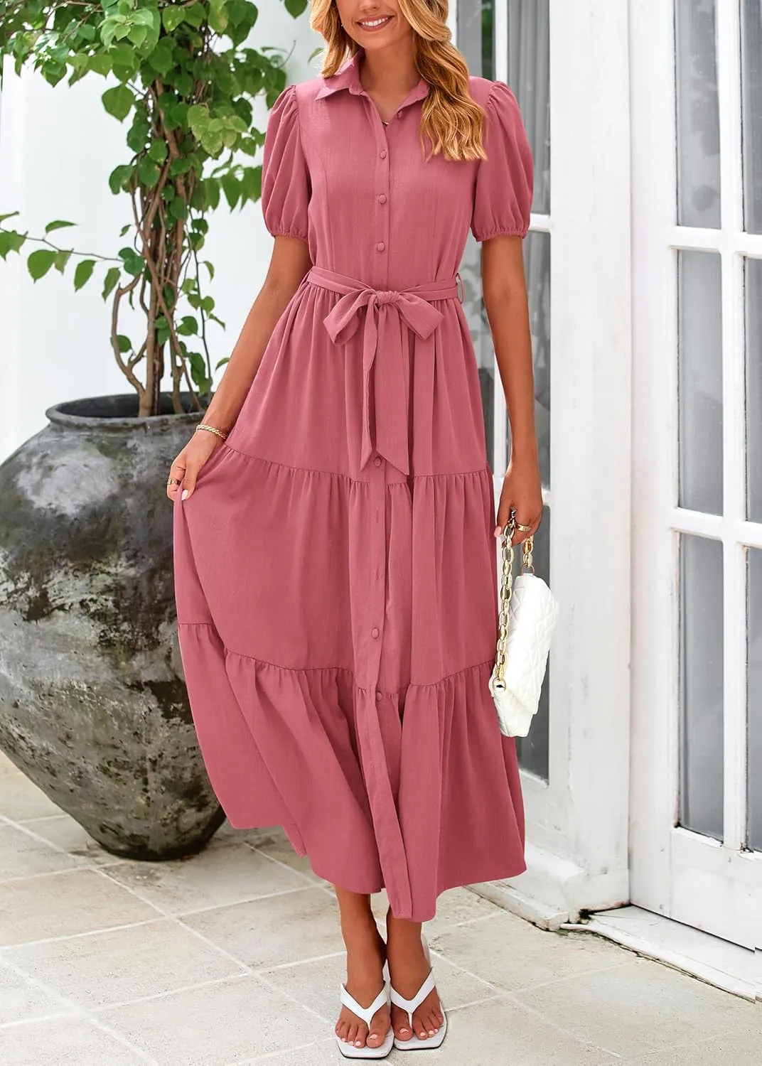 MASCOMODA Womens Summer Dresses 2025 Short Sleeve Maxi Dress Casual V Neck Button Down Tiered A Line Flowy Midi Shirt Dress