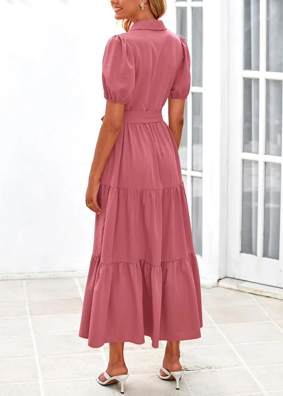 MASCOMODA Womens Summer Dresses 2025 Short Sleeve Maxi Dress Casual V Neck Button Down Tiered A Line Flowy Midi Shirt Dress