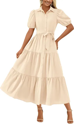 MASCOMODA Womens Summer Dresses 2025 Short Sleeve Maxi Dress Casual V Neck Button Down Tiered A Line Flowy Midi Shirt Dress