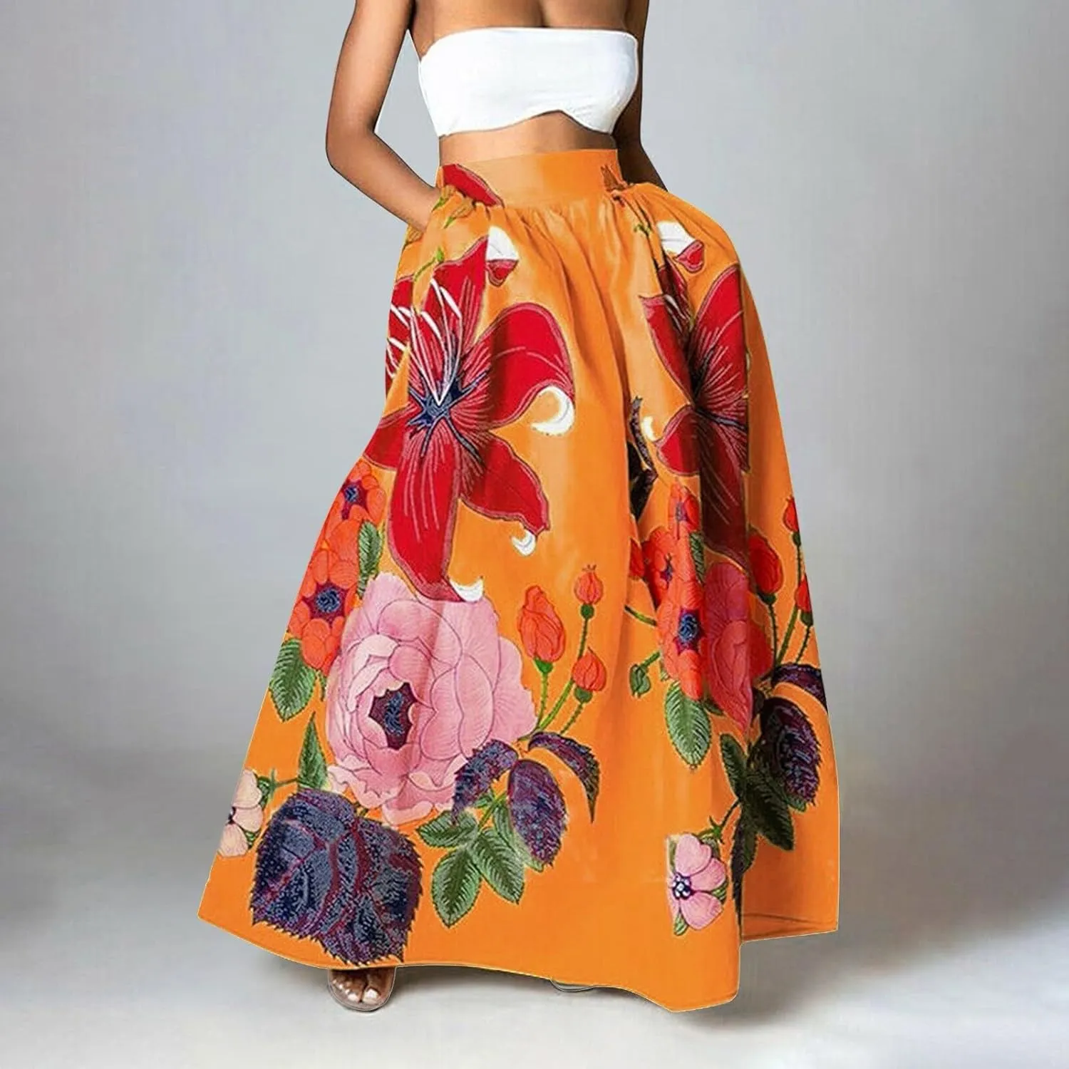 Miyaomn Women's Boho Floral Printed Maxi Skirt Summer Beach High Waisted Mopping Floor Length A Line Long Skirts with Pockets