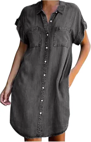 NaRHbrg Summer Denim Shirt Dresses for Womens Short Sleeve Loose Jean Midi Dress Button Down Casual Shift Dress Tunic Top