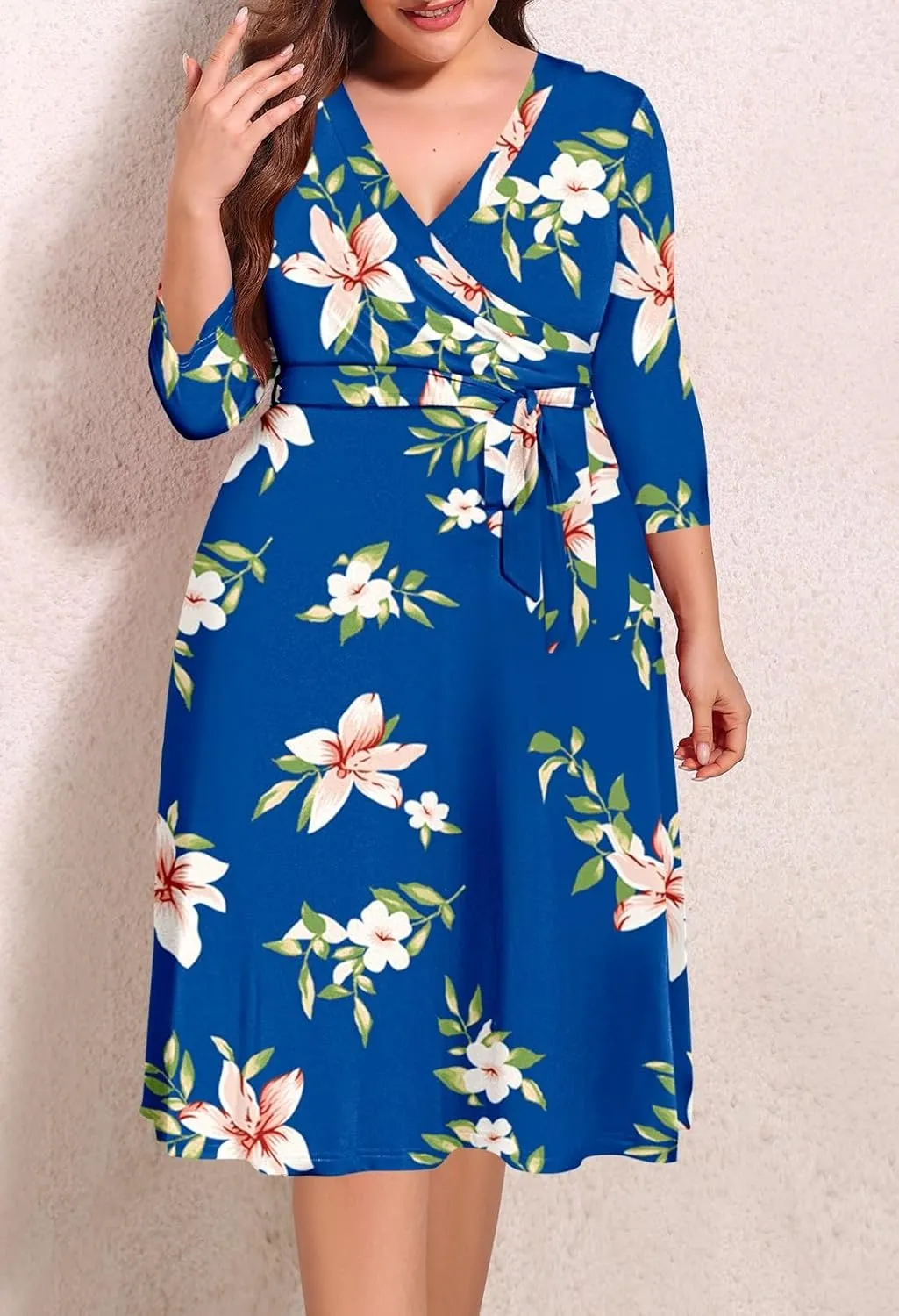 Pink Queen Womens Plus Size Dresses Casual Floral 3/4 Sleeve Wrap Dress Boho Party