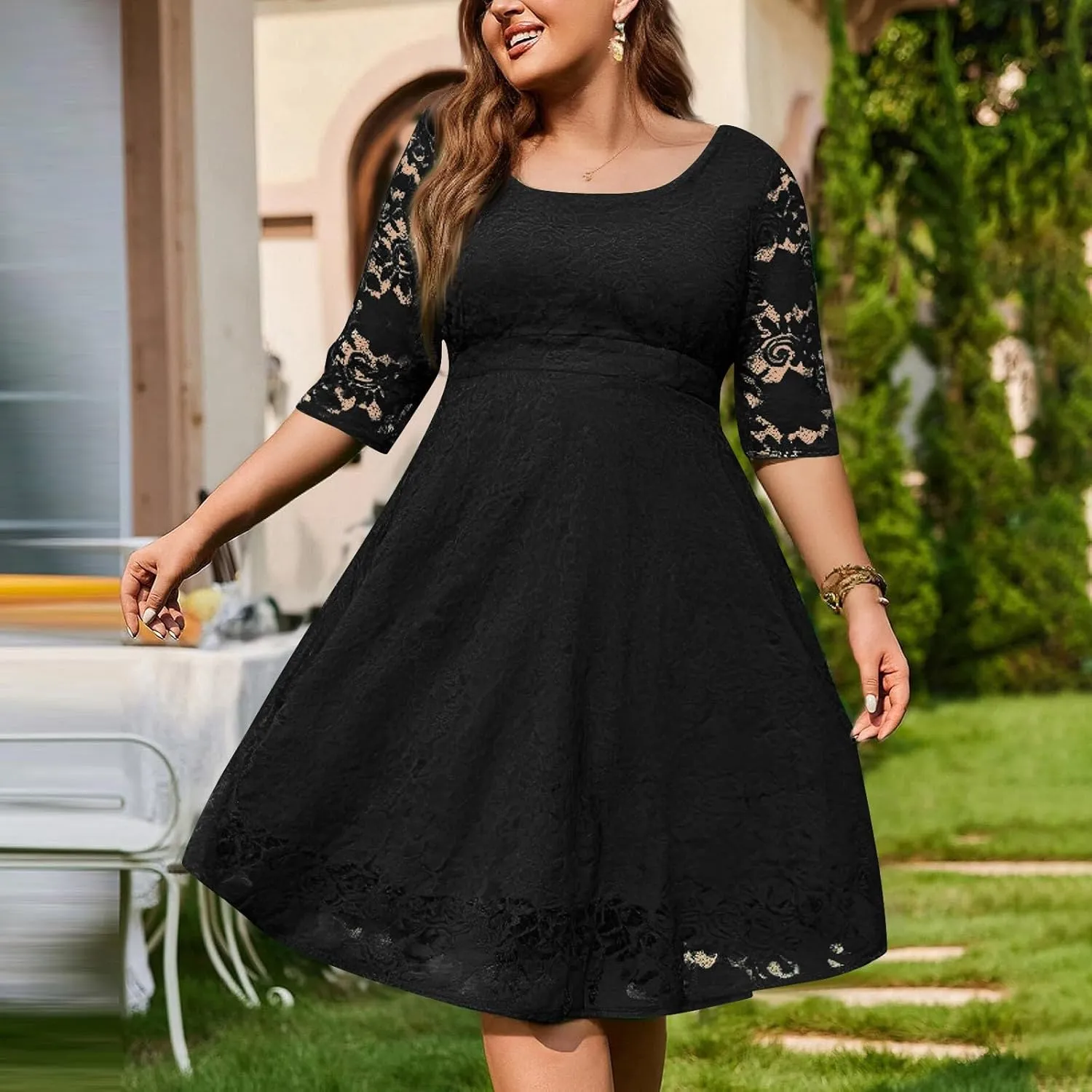 Plus Size Dress for Curvy Women 3/4 Sleeve Lace Corset Aline Midi Dresses, XXXXXXL-8XL