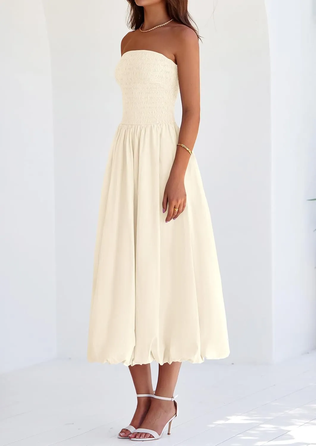 PRETTYGARDEN Women's 2025 Summer Strapless Tube Midi Dress Smocked A Line Bubble Long Flowy Casual Elegant Party Dresses