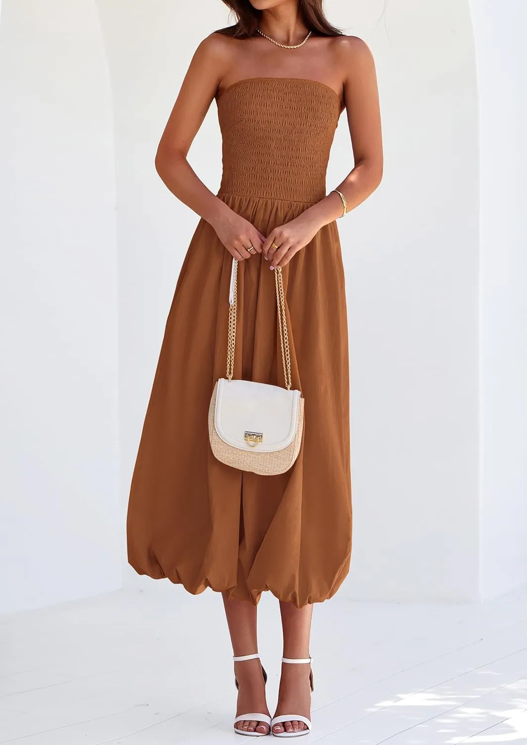 PRETTYGARDEN Women's 2025 Summer Strapless Tube Midi Dress Smocked A Line Bubble Long Flowy Casual Elegant Party Dresses