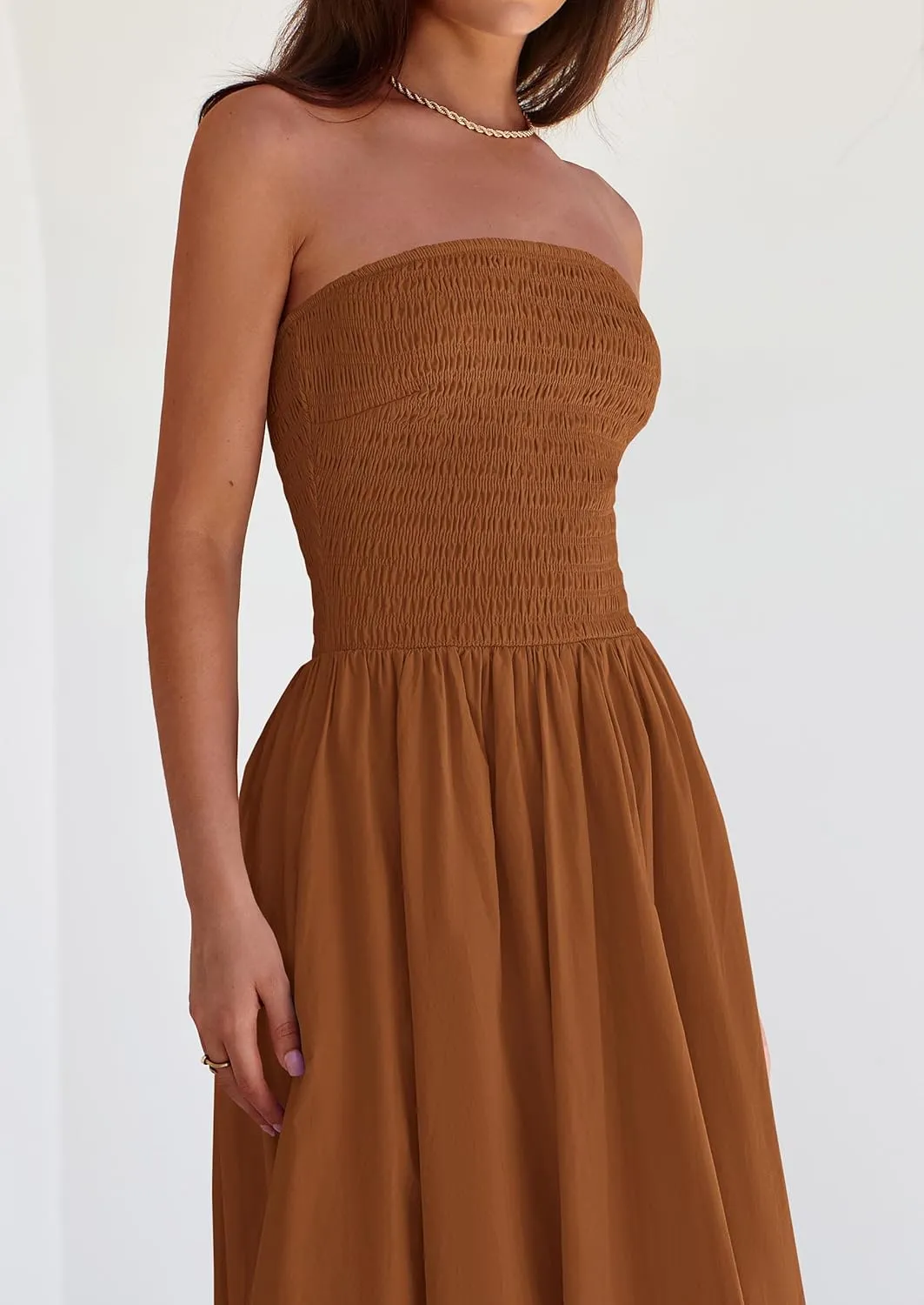 PRETTYGARDEN Women's 2025 Summer Strapless Tube Midi Dress Smocked A Line Bubble Long Flowy Casual Elegant Party Dresses