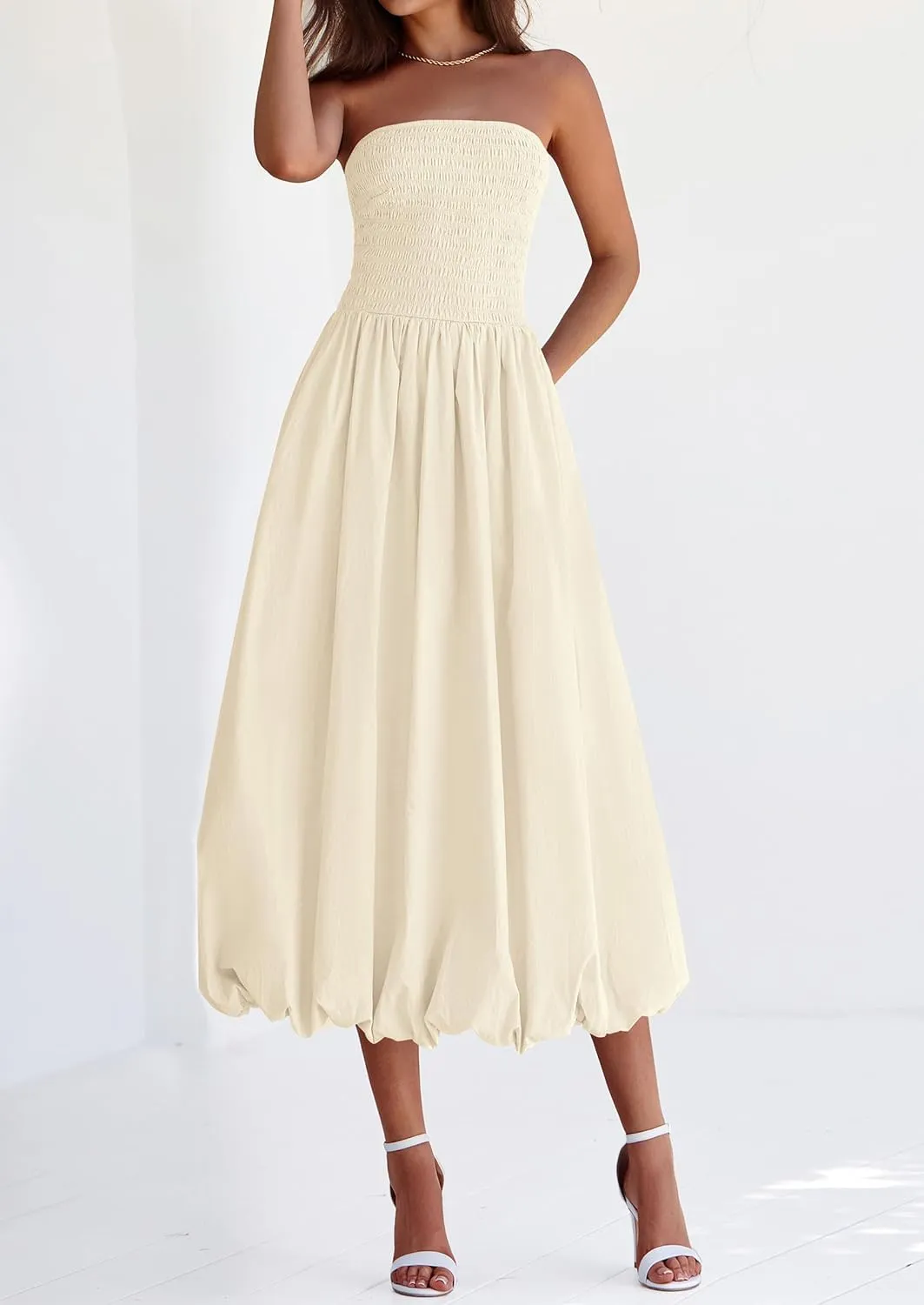 PRETTYGARDEN Women's 2025 Summer Strapless Tube Midi Dress Smocked A Line Bubble Long Flowy Casual Elegant Party Dresses