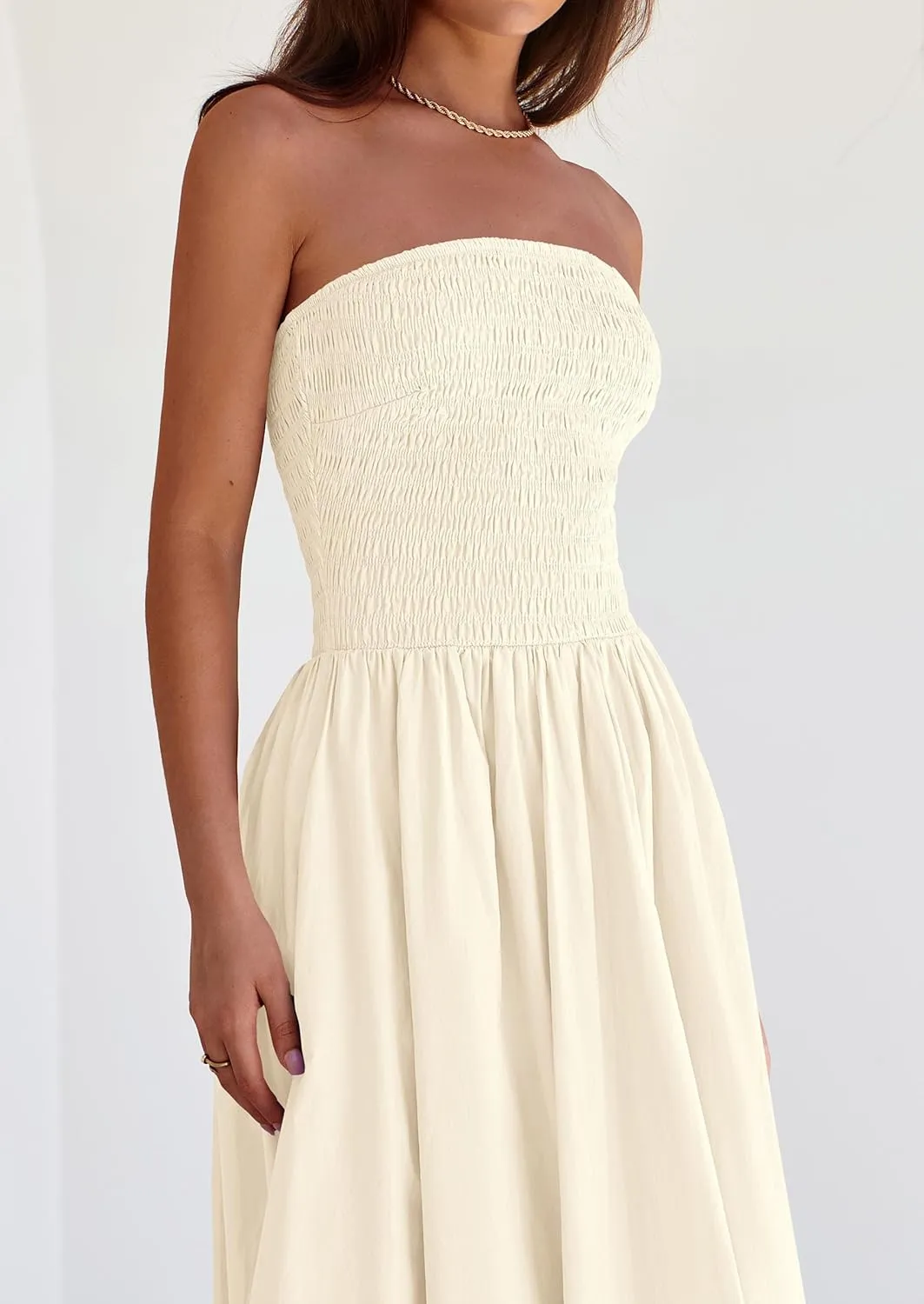 PRETTYGARDEN Women's 2025 Summer Strapless Tube Midi Dress Smocked A Line Bubble Long Flowy Casual Elegant Party Dresses