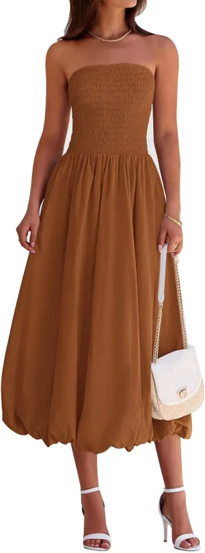 PRETTYGARDEN Women's 2025 Summer Strapless Tube Midi Dress Smocked A Line Bubble Long Flowy Casual Elegant Party Dresses