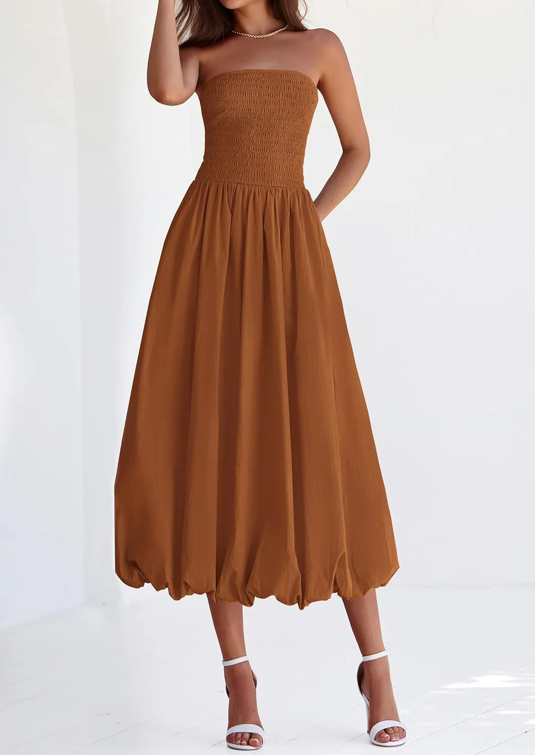 PRETTYGARDEN Women's 2025 Summer Strapless Tube Midi Dress Smocked A Line Bubble Long Flowy Casual Elegant Party Dresses