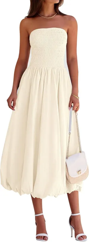 PRETTYGARDEN Women's 2025 Summer Strapless Tube Midi Dress Smocked A Line Bubble Long Flowy Casual Elegant Party Dresses
