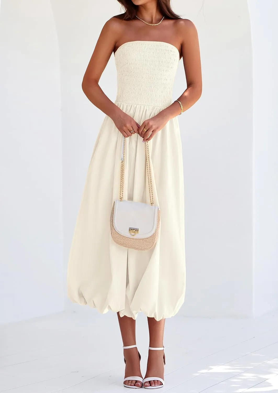 PRETTYGARDEN Women's 2025 Summer Strapless Tube Midi Dress Smocked A Line Bubble Long Flowy Casual Elegant Party Dresses