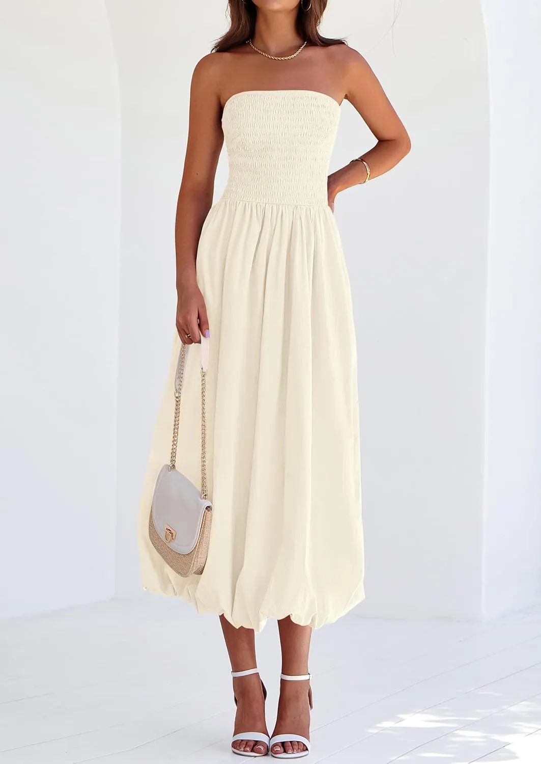 PRETTYGARDEN Women's 2025 Summer Strapless Tube Midi Dress Smocked A Line Bubble Long Flowy Casual Elegant Party Dresses