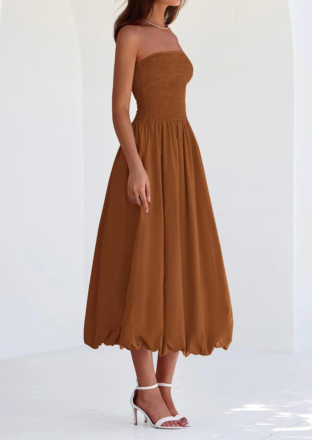 PRETTYGARDEN Women's 2025 Summer Strapless Tube Midi Dress Smocked A Line Bubble Long Flowy Casual Elegant Party Dresses