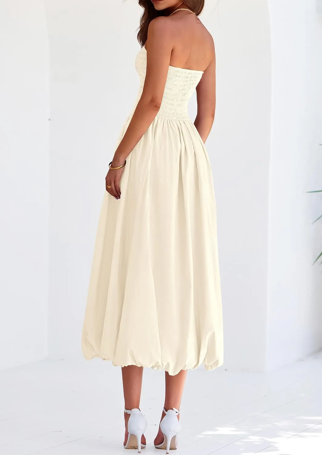 PRETTYGARDEN Women's 2025 Summer Strapless Tube Midi Dress Smocked A Line Bubble Long Flowy Casual Elegant Party Dresses