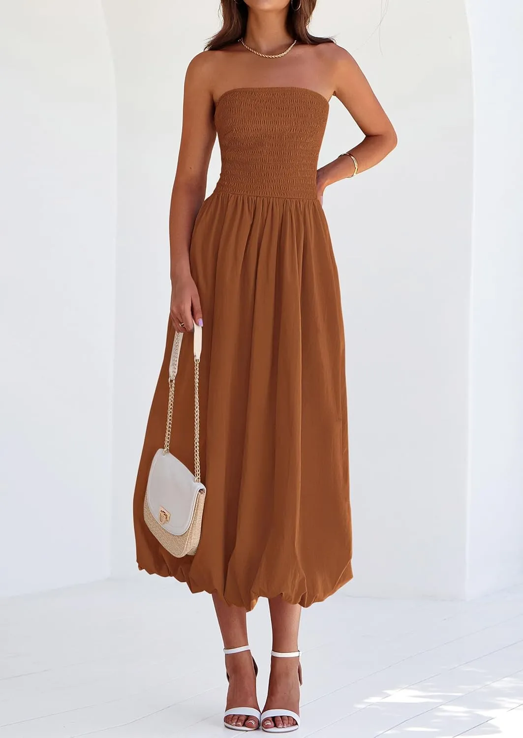 PRETTYGARDEN Women's 2025 Summer Strapless Tube Midi Dress Smocked A Line Bubble Long Flowy Casual Elegant Party Dresses