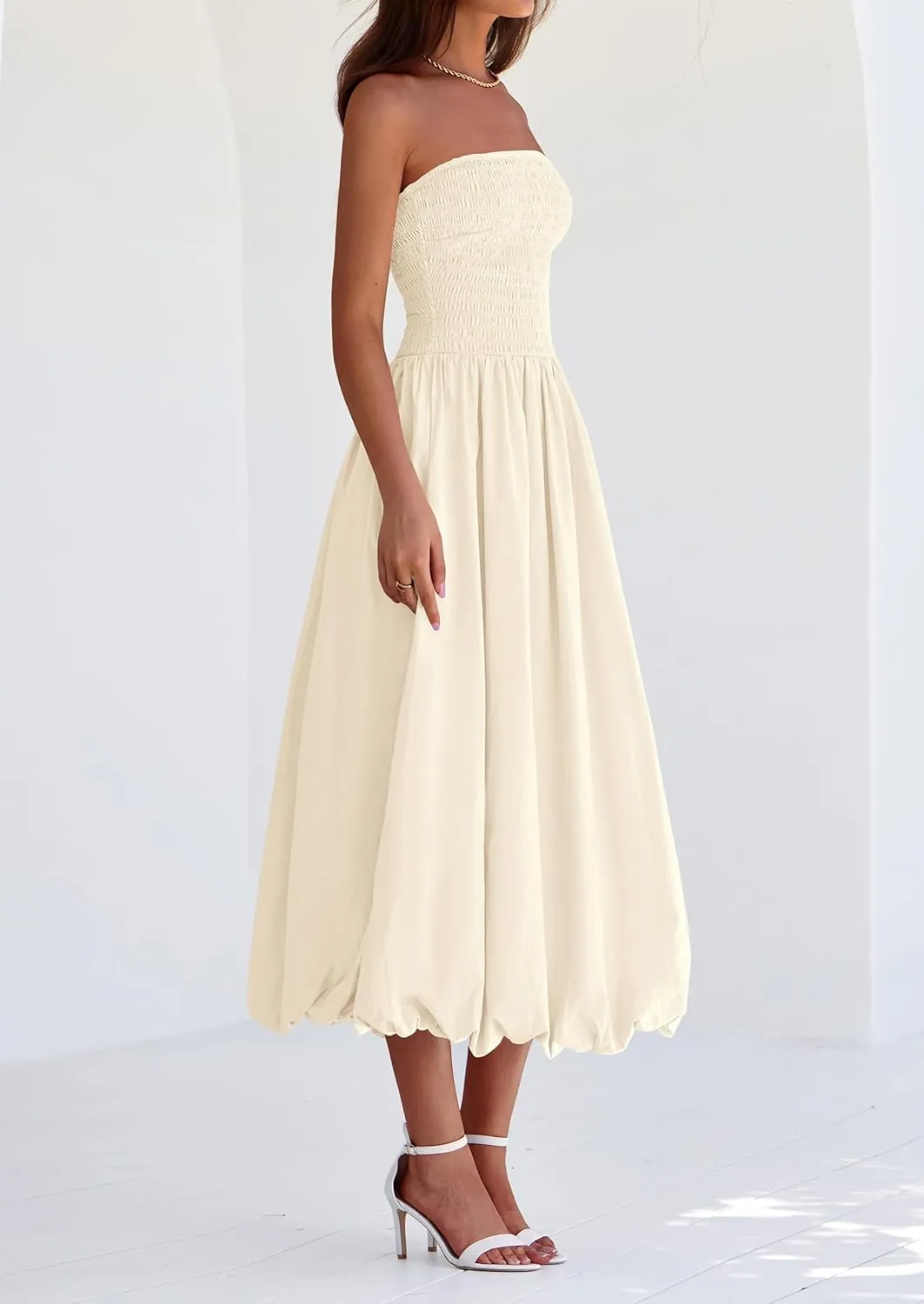 PRETTYGARDEN Women's 2025 Summer Strapless Tube Midi Dress Smocked A Line Bubble Long Flowy Casual Elegant Party Dresses