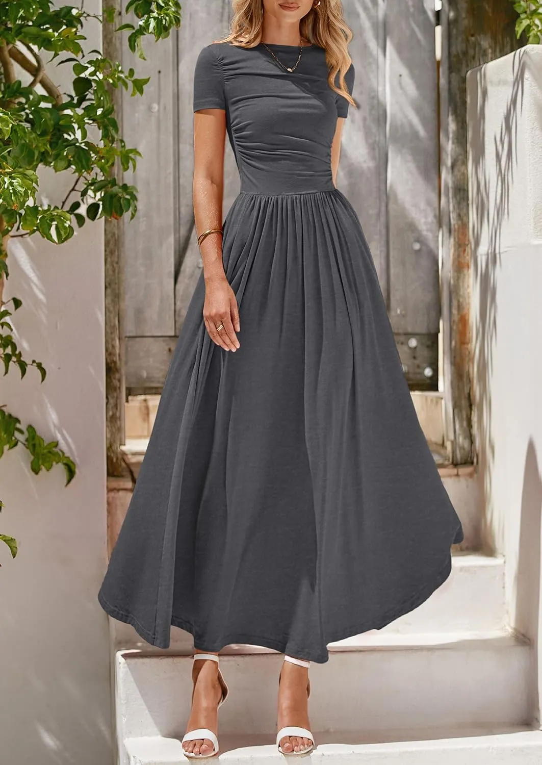 PRETTYGARDEN Women's Casual Dresses 2025 Summer Short Sleeve Ruched Patchwork A Line Pleated Swing Maxi Dress with Pockets