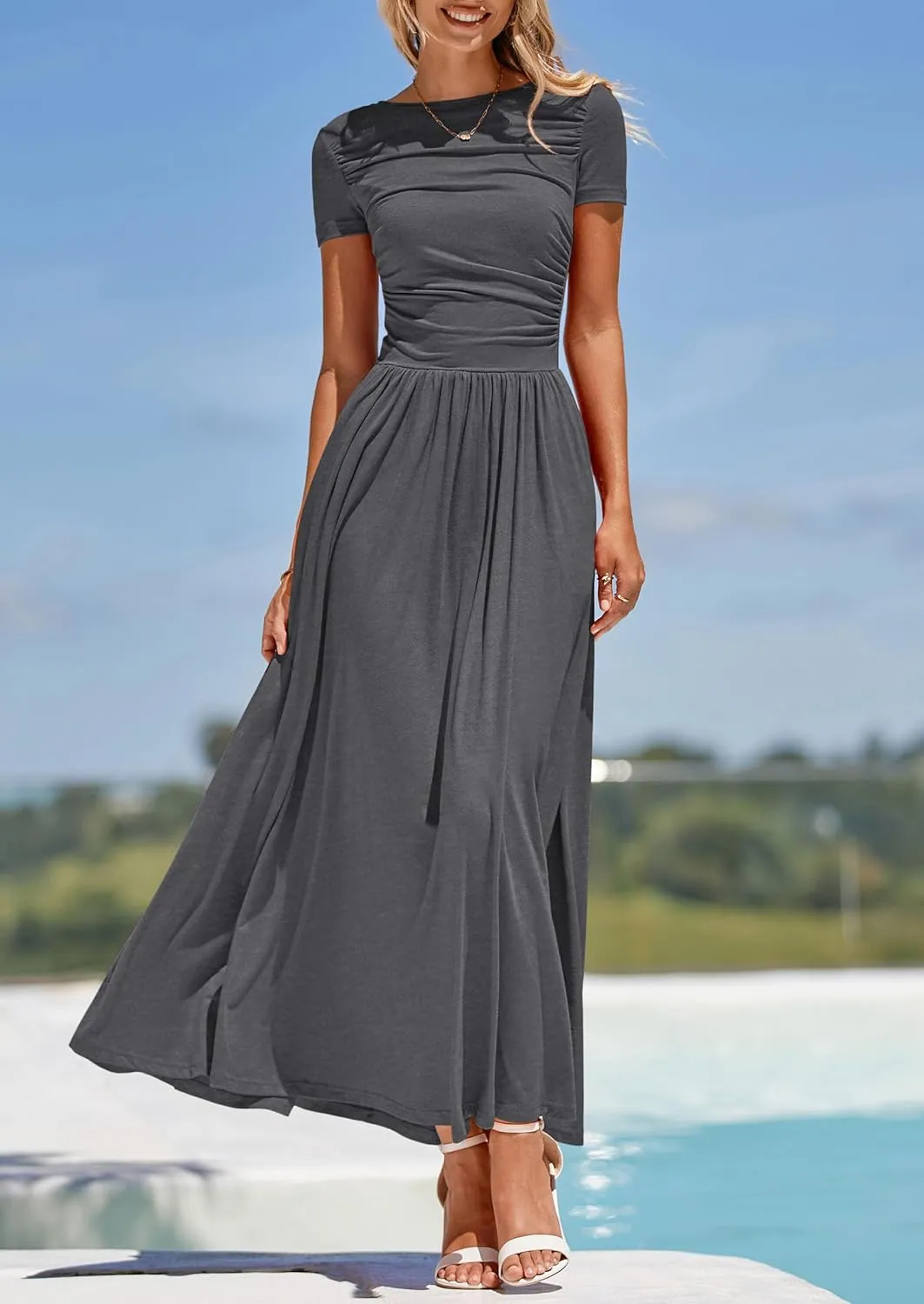 PRETTYGARDEN Women's Casual Dresses 2025 Summer Short Sleeve Ruched Patchwork A Line Pleated Swing Maxi Dress with Pockets
