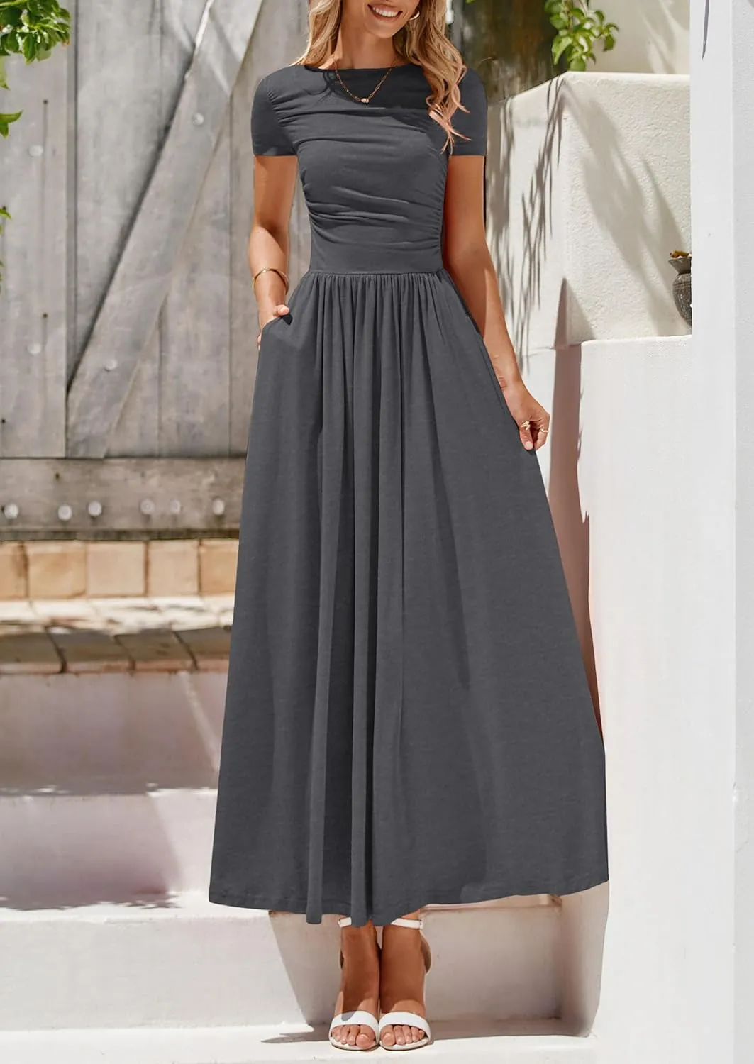 PRETTYGARDEN Women's Casual Dresses 2025 Summer Short Sleeve Ruched Patchwork A Line Pleated Swing Maxi Dress with Pockets
