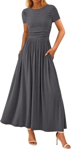 PRETTYGARDEN Women's Casual Dresses 2025 Summer Short Sleeve Ruched Patchwork A Line Pleated Swing Maxi Dress with Pockets