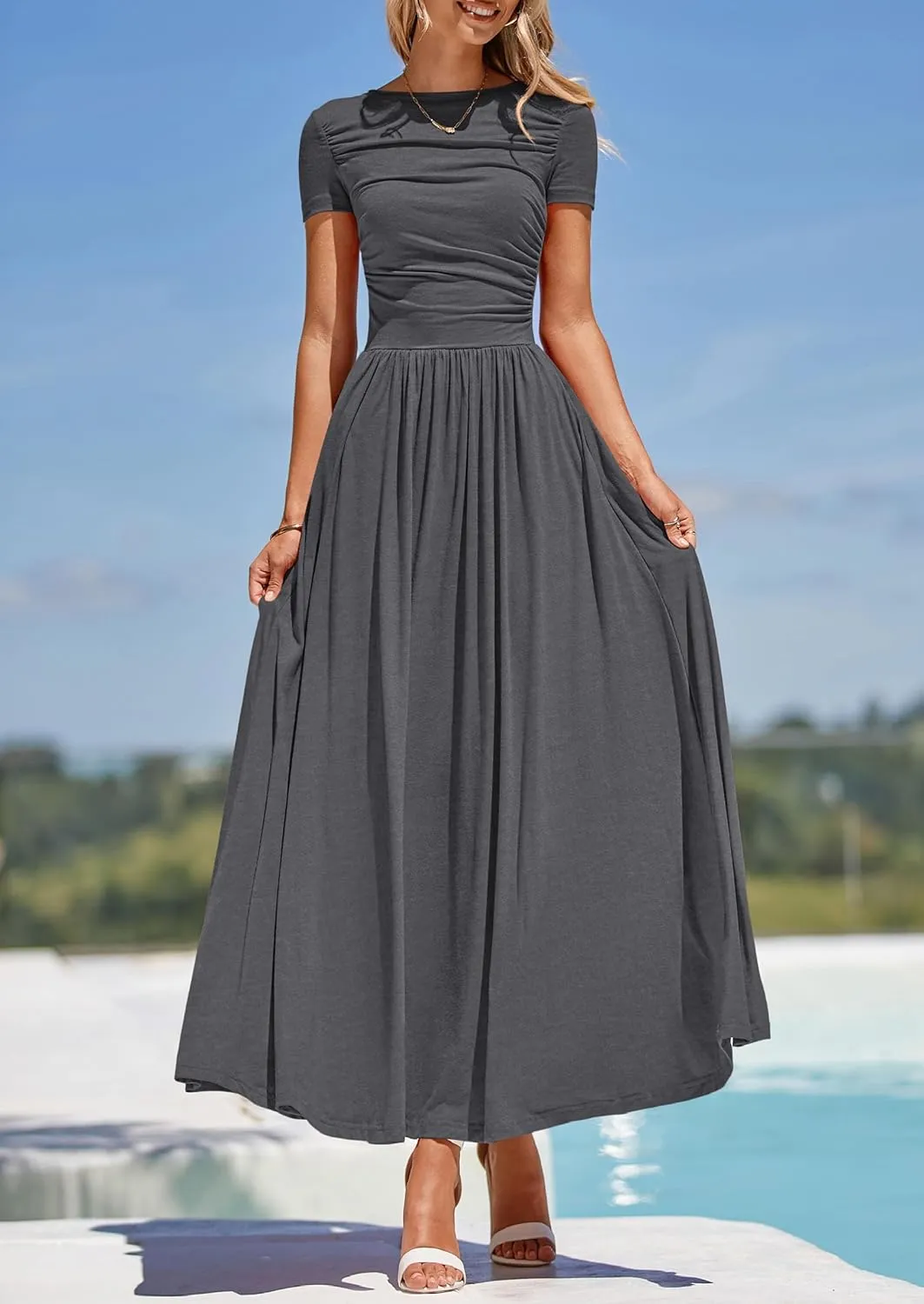 PRETTYGARDEN Women's Casual Dresses 2025 Summer Short Sleeve Ruched Patchwork A Line Pleated Swing Maxi Dress with Pockets