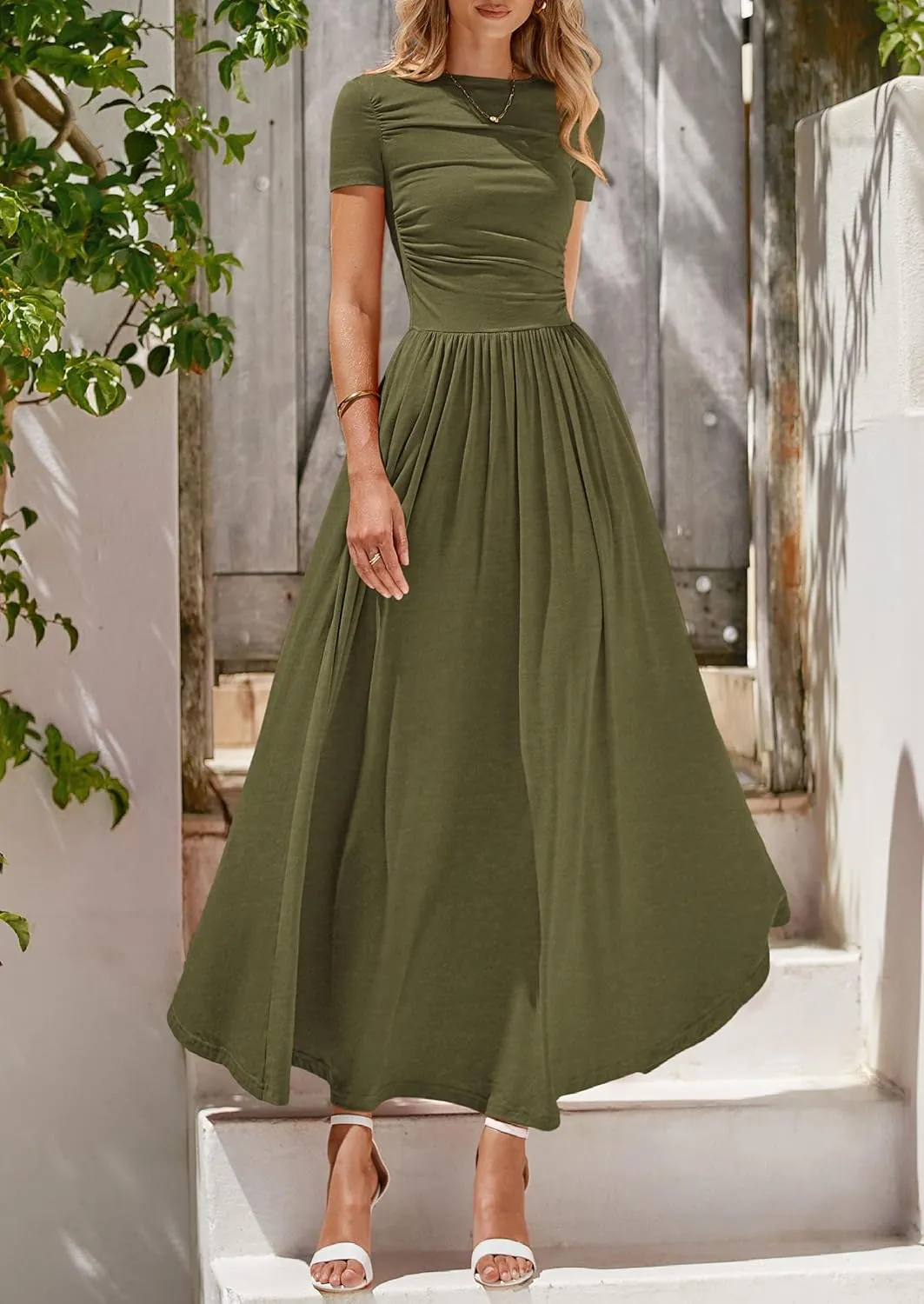 PRETTYGARDEN Women's Casual Dresses 2025 Summer Short Sleeve Ruched Patchwork A Line Pleated Swing Maxi Dress with Pockets