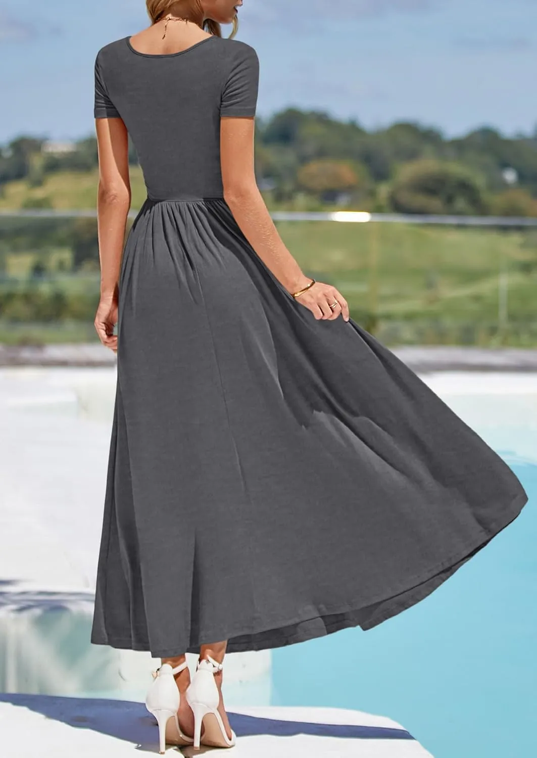 PRETTYGARDEN Women's Casual Dresses 2025 Summer Short Sleeve Ruched Patchwork A Line Pleated Swing Maxi Dress with Pockets