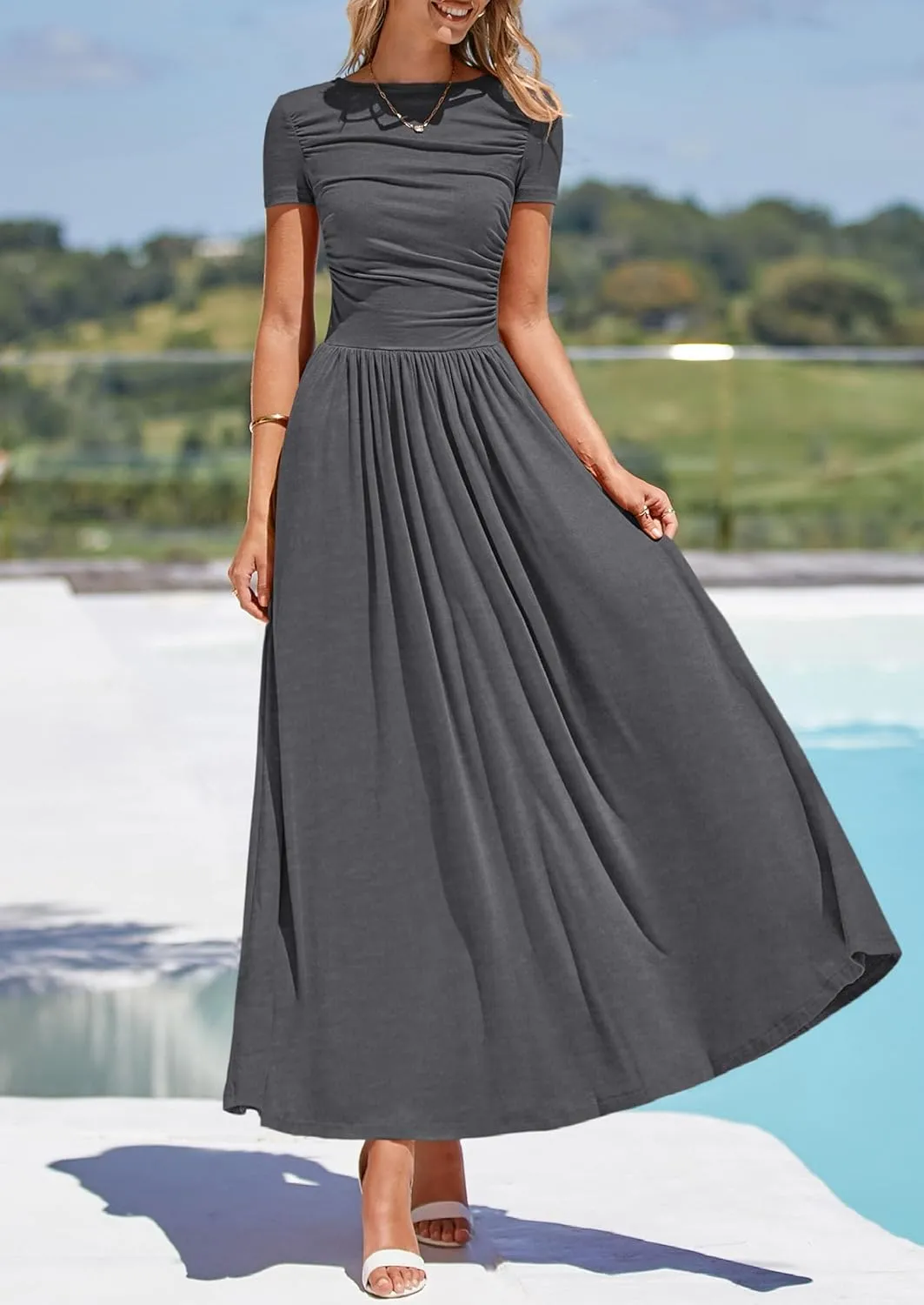 PRETTYGARDEN Women's Casual Dresses 2025 Summer Short Sleeve Ruched Patchwork A Line Pleated Swing Maxi Dress with Pockets