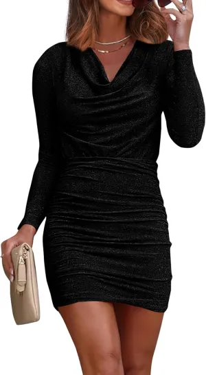PRETTYGARDEN Women's Fall Bodycon Mini Dress Sparkly Long Sleeve Cowl Neck Ruched Short Club Cocktail Wedding Guest Dresses