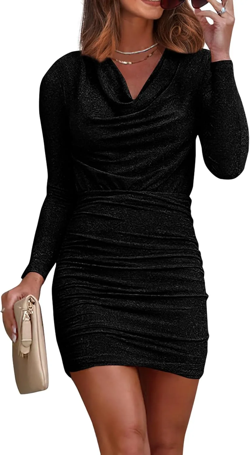 PRETTYGARDEN Women's Fall Bodycon Mini Dress Sparkly Long Sleeve Cowl Neck Ruched Short Club Cocktail Wedding Guest Dresses