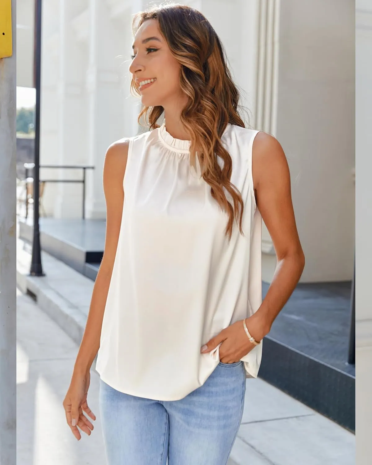 SimpleFun Womens Silk Satin Tank Tops Business Casual Ruffle Trim Mock Neck Sleeveless Summer Blouses Shirts