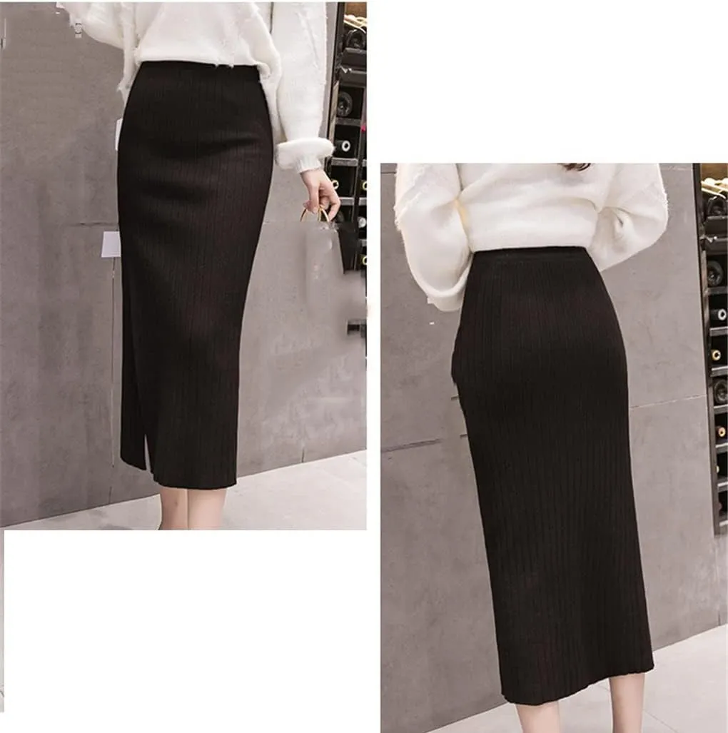 UIOKLMJH Elegant Lady High Waist Black Gray Slit Pencil Knit Skirt