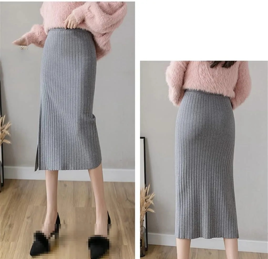 UIOKLMJH Elegant Lady High Waist Black Gray Slit Pencil Knit Skirt