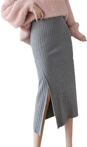UIOKLMJH Elegant Lady High Waist Black Gray Slit Pencil Knit Skirt