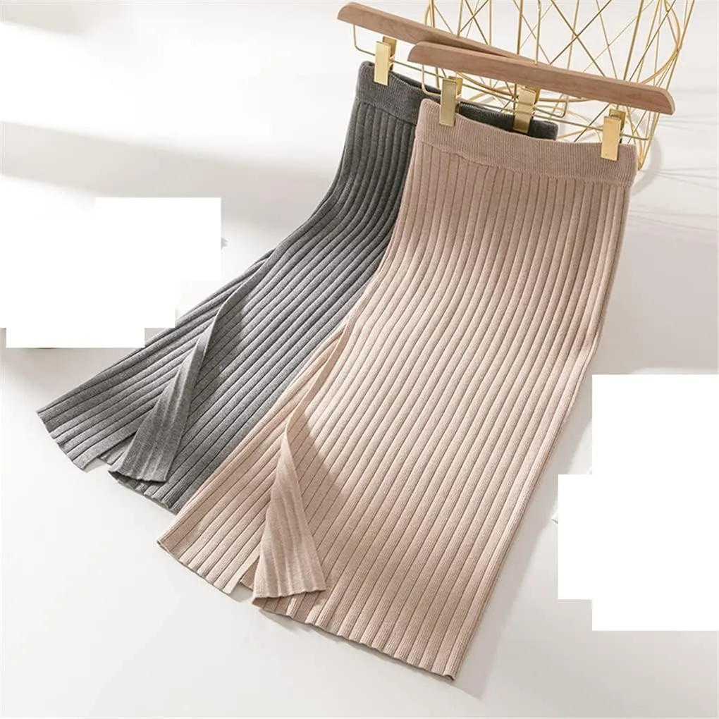 UIOKLMJH Elegant Lady High Waist Black Gray Slit Pencil Knit Skirt