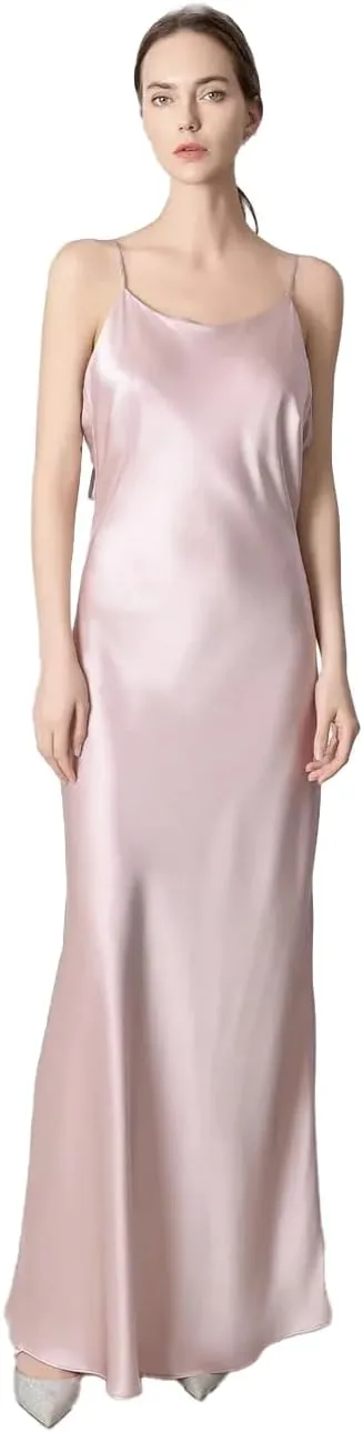 Women Backless Silk Maxi Dress 100 Percent Mulberry Silk Cami Slip Satin Gown Elegant Formal Long Dress for Evening Party