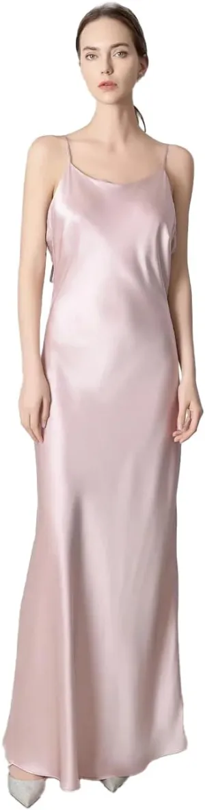Women Backless Silk Maxi Dress 100 Percent Mulberry Silk Cami Slip Satin Gown Elegant Formal Long Dress for Evening Party