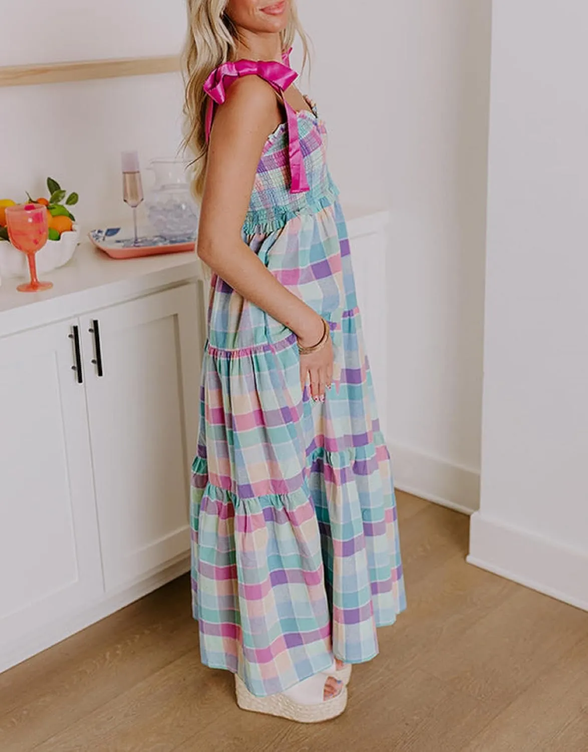 Women Boho Tie Shoulder Floral Maxi Dress Cute Smocked Flowy Long Dress Elegant Print Summer Vocation Tiered Sundress