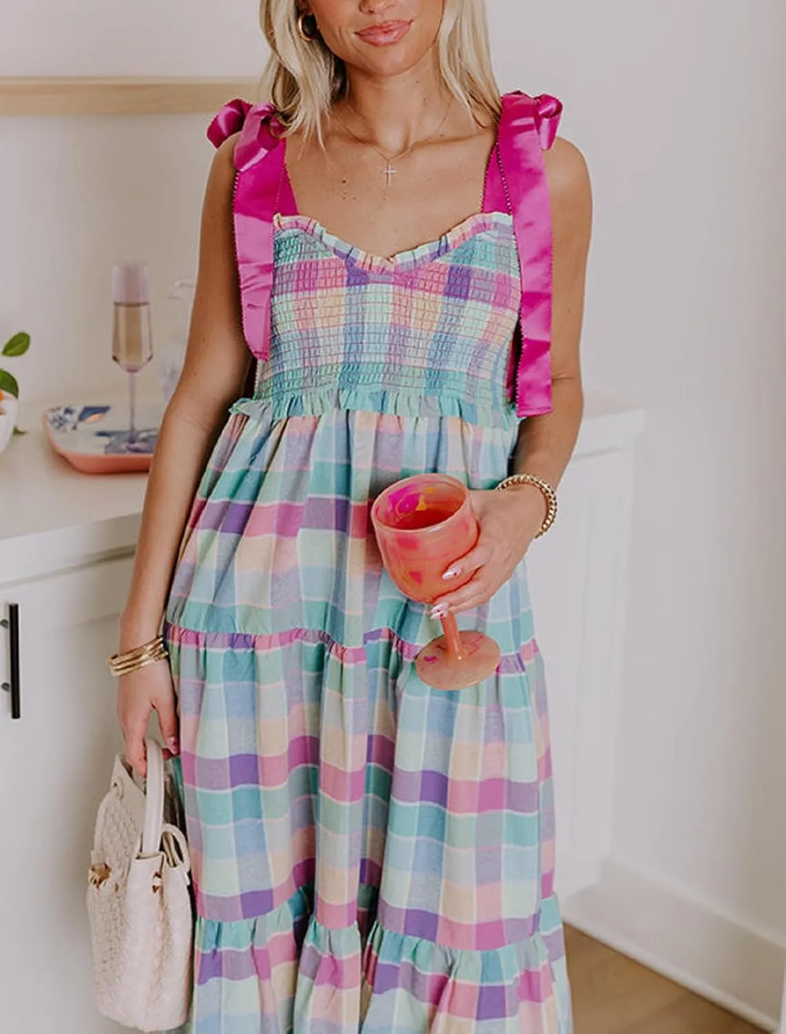 Women Boho Tie Shoulder Floral Maxi Dress Cute Smocked Flowy Long Dress Elegant Print Summer Vocation Tiered Sundress