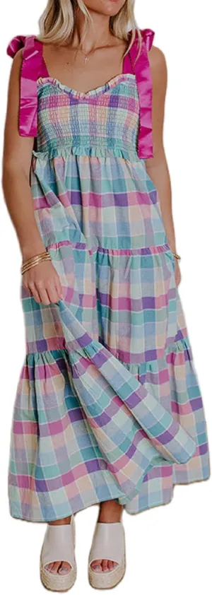 Women Boho Tie Shoulder Floral Maxi Dress Cute Smocked Flowy Long Dress Elegant Print Summer Vocation Tiered Sundress