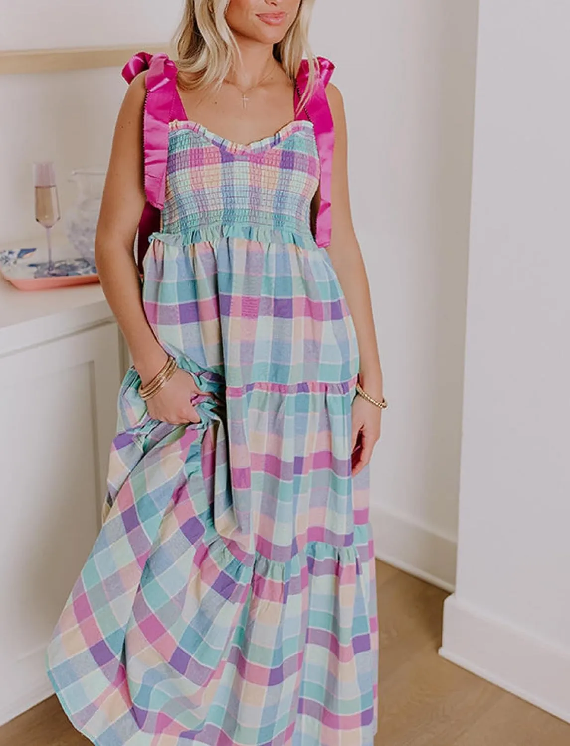 Women Boho Tie Shoulder Floral Maxi Dress Cute Smocked Flowy Long Dress Elegant Print Summer Vocation Tiered Sundress