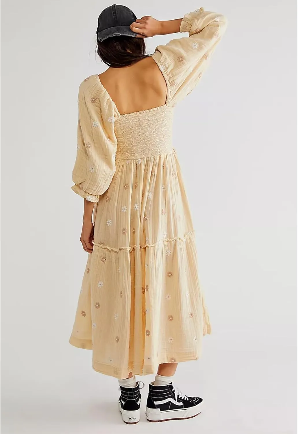 Women Floral Embroidered Maxi Dress Long Puff Sleeve Square Neck Bohemian Flowy Dress with Pockets Summer Fall