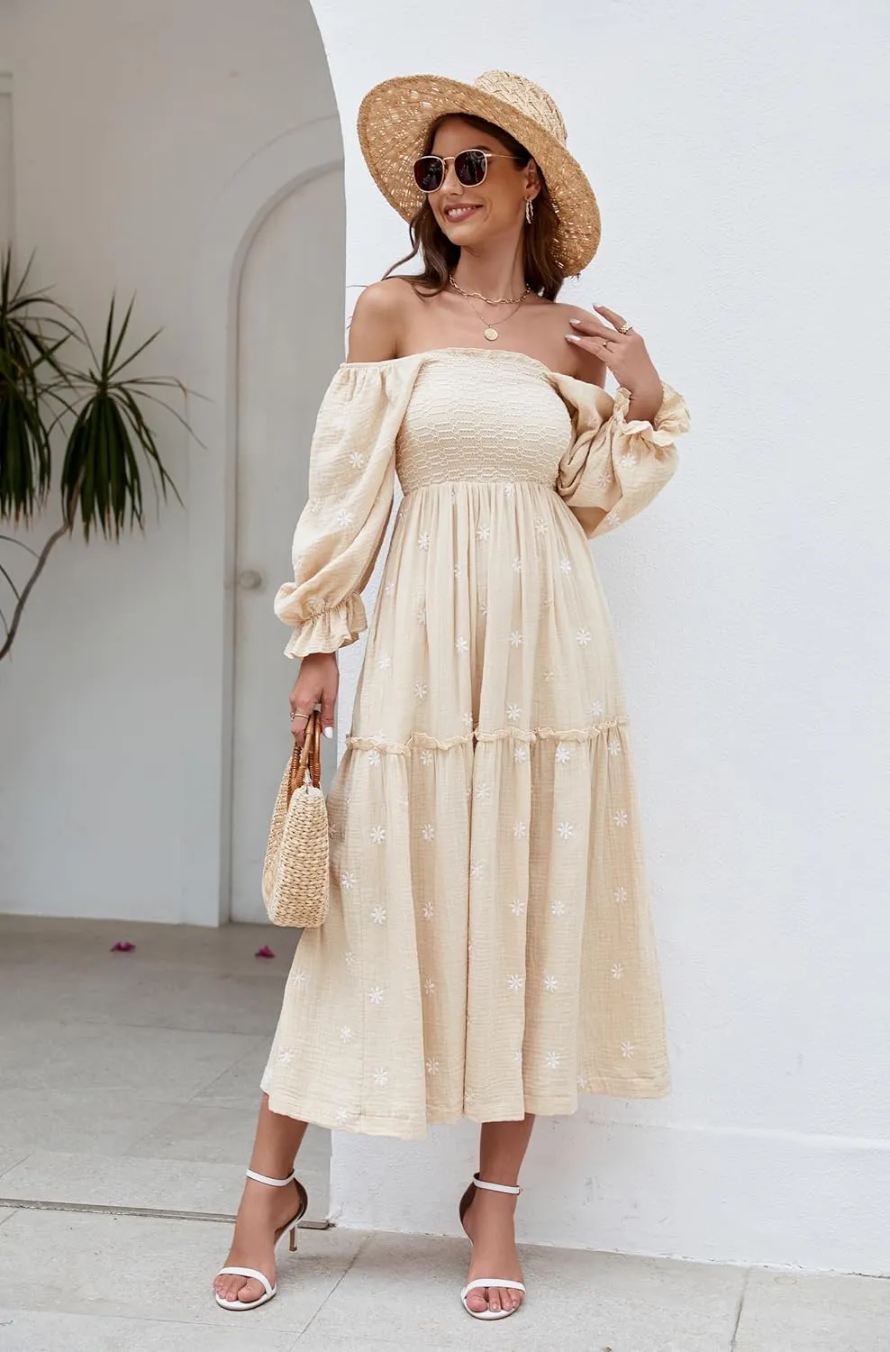 Women Floral Embroidered Maxi Dress Long Puff Sleeve Square Neck Bohemian Flowy Dress with Pockets Summer Fall