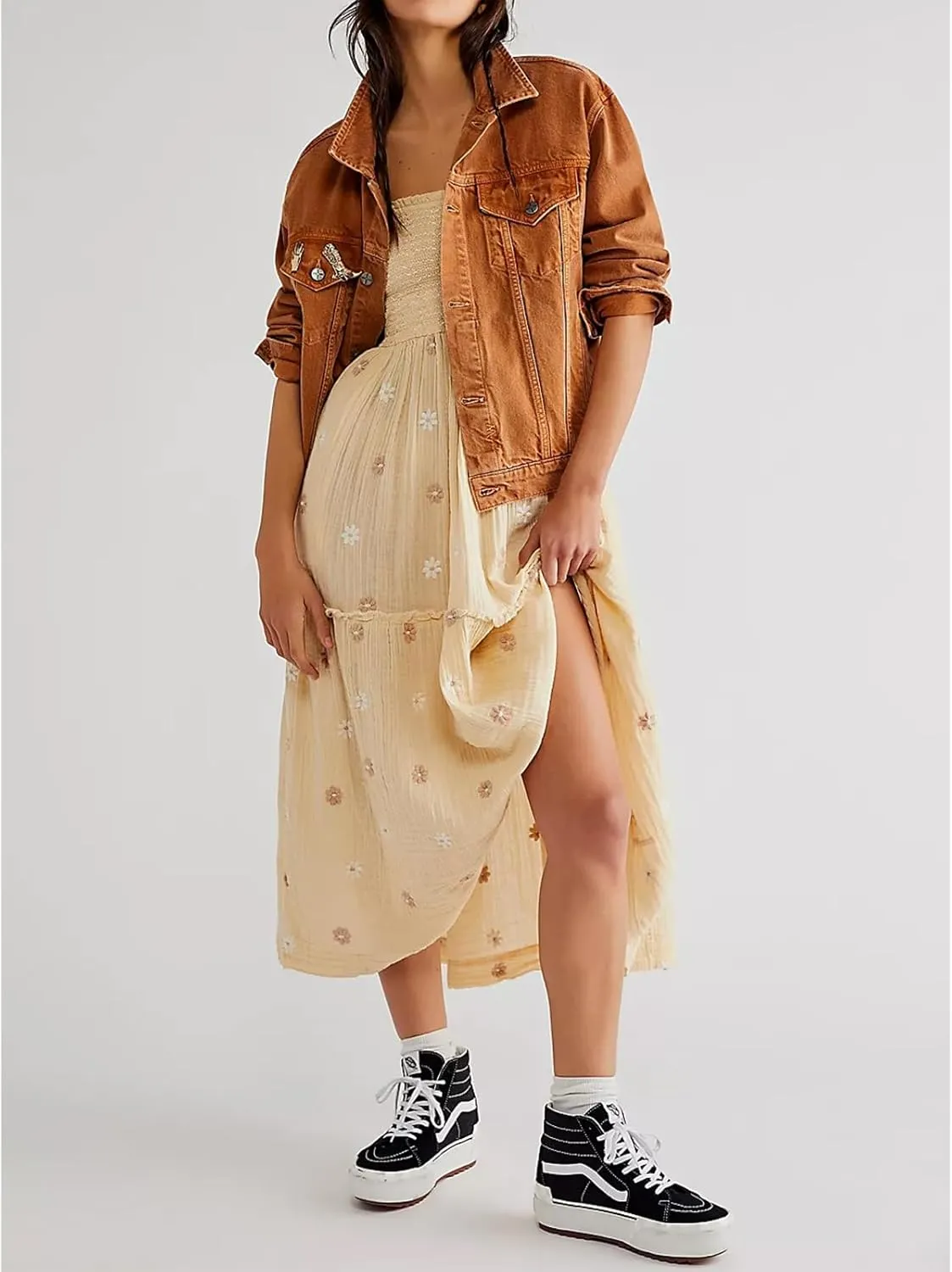 Women Floral Embroidered Maxi Dress Long Puff Sleeve Square Neck Bohemian Flowy Dress with Pockets Summer Fall