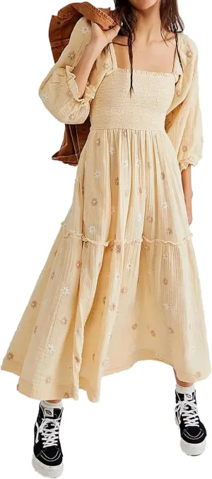 Women Floral Embroidered Maxi Dress Long Puff Sleeve Square Neck Bohemian Flowy Dress with Pockets Summer Fall
