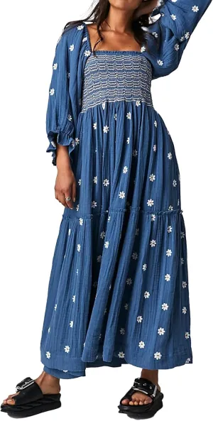 Women Floral Embroidered Maxi Dress Long Puff Sleeve Square Neck Bohemian Flowy Dress with Pockets Summer Fall