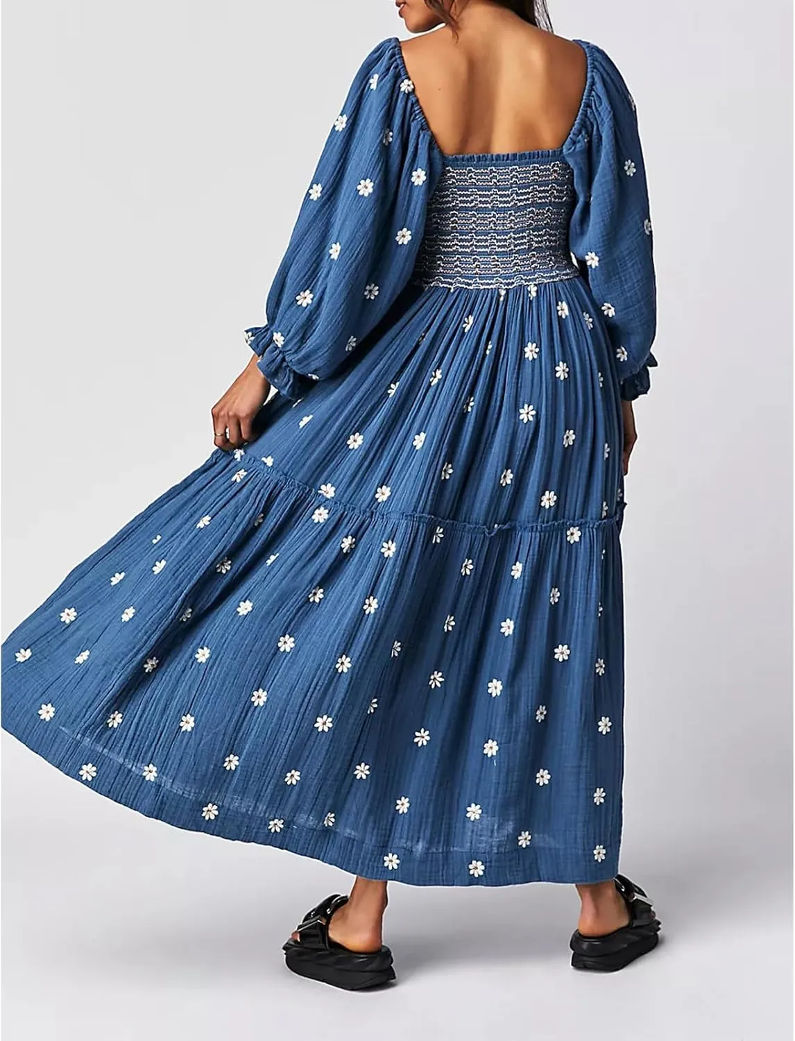 Women Floral Embroidered Maxi Dress Long Puff Sleeve Square Neck Bohemian Flowy Dress with Pockets Summer Fall